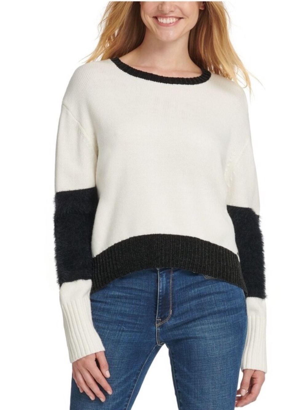 DKNY Womens Two-Tone Crewneck Sweater - White and Black